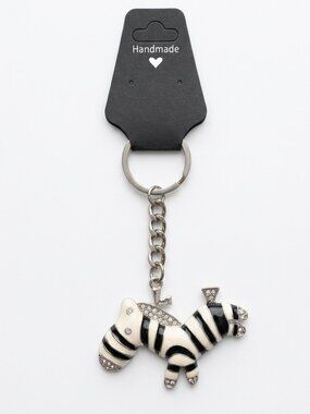 Handmade - Enameled tone - black and white -  Keychain Zebra with Rhinestone